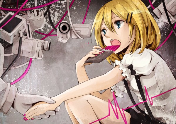 Anime picture 1200x848 with vocaloid kagamine rin hazuki natsu short hair open mouth blue eyes blonde hair nail polish holding hands eating girl hair ornament food sweets bobby pin wire (wires) chocolate camcorder