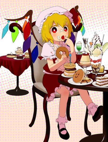 Anime picture 1164x1532 with touhou flandre scarlet mizu asato single tall image blush short hair open mouth blonde hair red eyes sitting girl skirt wings socks food sweets white socks chair bonnet
