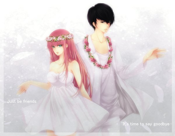 Anime picture 1024x798 with vocaloid just be friends (vocaloid) megurine luka nai (artist) long hair short hair blue eyes black hair bare shoulders pink hair hair flower black eyes open clothes girl dress boy hair ornament white dress suit wreath