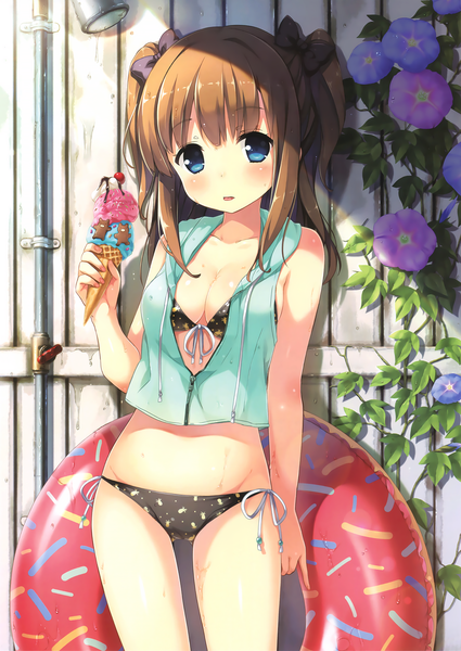 Anime picture 2330x3290 with berry's houkou yuuka sakura koharu single long hair tall image looking at viewer blush highres open mouth blue eyes light erotic brown hair twintails cleavage scan wet shiny skin groin short twintails