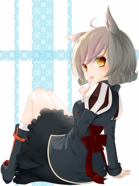 Anime picture 1000x1333 with original umxzo single tall image short hair animal ears yellow eyes grey hair finger to mouth girl dress boots