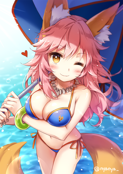 Anime picture 700x990 with fate (series) fate/extra tamamo (fate) (all) tamamo no mae (swimsuit lancer) (fate) nyanya single long hair tall image looking at viewer blush fringe breasts light erotic smile hair between eyes large breasts standing bare shoulders holding signed