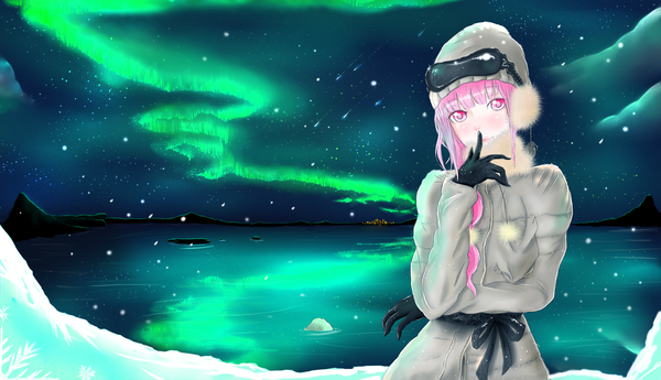 Anime picture 2000x1151 with original zerecas single long hair looking at viewer blush fringe highres wide image pink hair braid (braids) pink eyes night night sky finger to mouth snowing reflection winter snow mountain