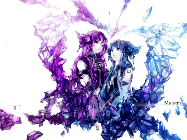 Anime picture 1162x872 with vocaloid magnet (vocaloid) hatsune miku megurine luka long hair open mouth purple eyes bare shoulders multiple girls purple hair aqua eyes aqua hair insect wings butterfly wings girl 2 girls headphones