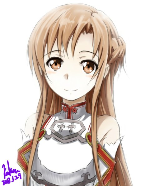 Anime picture 1003x1248 with sword art online a-1 pictures yuuki asuna kem kem single long hair tall image looking at viewer simple background smile brown hair white background brown eyes signed upper body girl detached sleeves