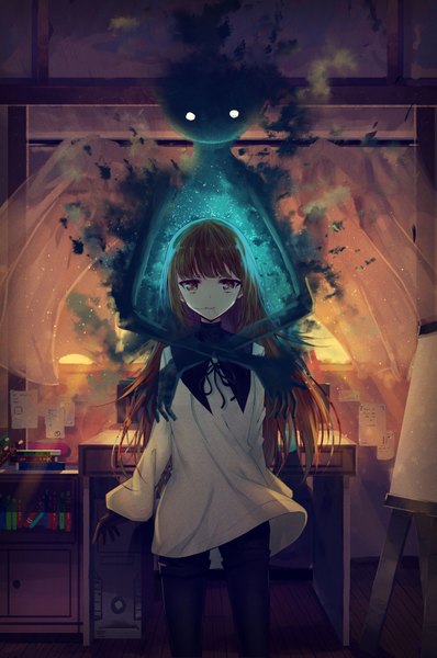 Anime picture 2430x3664 with daikazoku63 long hair tall image looking at viewer fringe highres brown hair standing brown eyes indoors wind hug tears evening sunset hug from behind hair in mouth girl window book (books)