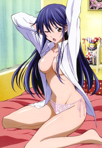 Anime picture 4091x5911 with kimi no iru machi nyantype eba yuzuki single long hair tall image highres breasts open mouth light erotic brown eyes blue hair absurdres one eye closed wink open clothes official art open shirt girl navel