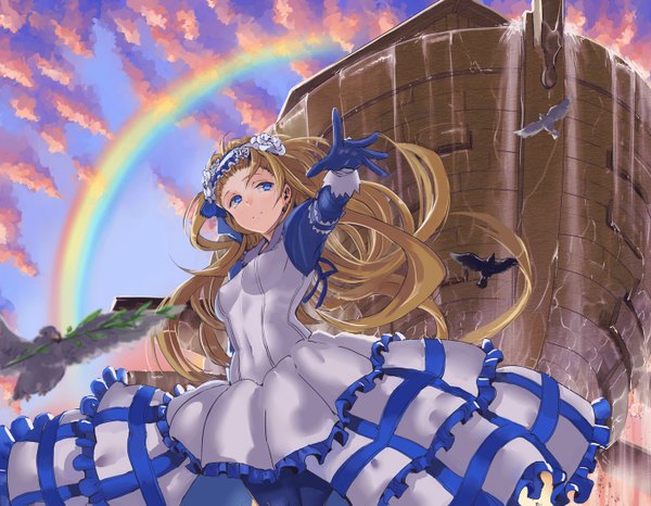 Anime picture 1400x1089 with puzzle & dragons noah (p&d) jyon single long hair blue eyes blonde hair looking away sky cloud (clouds) outstretched arm girl gloves animal water frills hairband bird (birds) watercraft rainbow