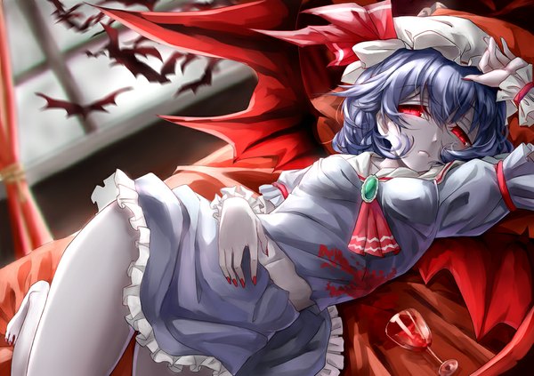 Anime picture 1000x706 with touhou remilia scarlet kamiljm single looking at viewer short hair red eyes blue hair girl dress animal wings frills bonnet wine glass bat