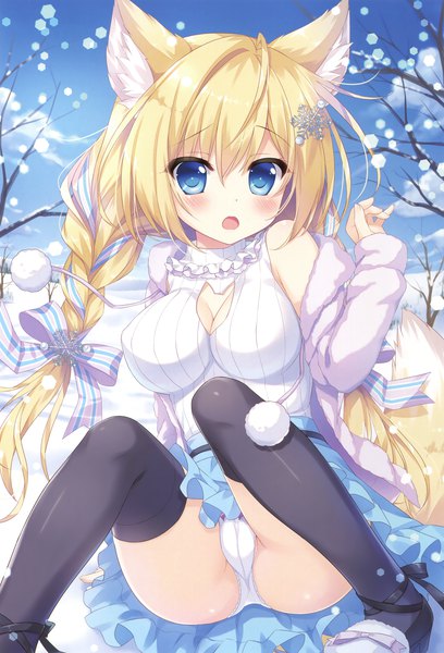 Anime picture 2381x3500 with melonbooks ameto yuki single long hair tall image looking at viewer blush fringe highres breasts blue eyes light erotic blonde hair hair between eyes sitting animal ears sky tail braid (braids) animal tail