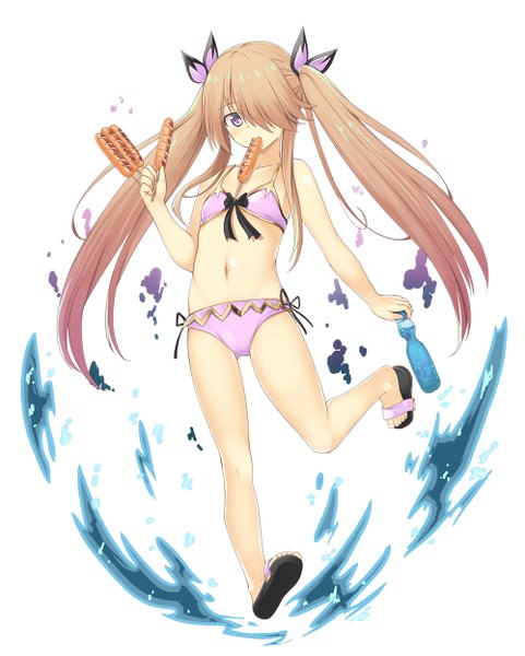 Anime picture 1000x1246 with original mahcdai single long hair tall image looking at viewer fringe light erotic brown hair white background purple eyes twintails holding payot full body bent knee (knees) arm up hair over one eye mouth hold flat chest