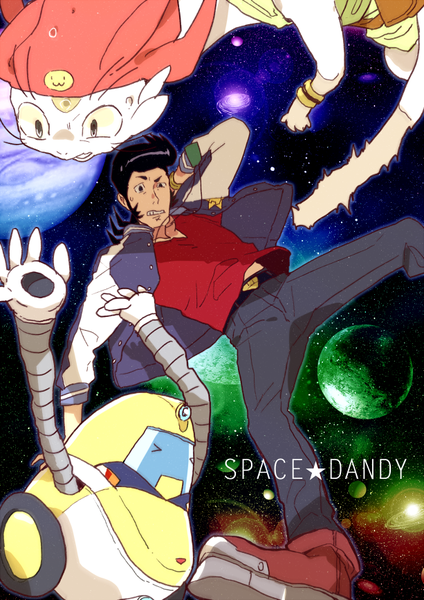 Anime picture 613x867 with space dandy studio bones dandy (space dandy) meow (space dandy) qt (space dandy) mosuko tall image short hair black hair copyright name arm behind head clenched teeth space falling > < boy animal cat cap planet