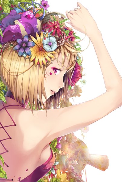 Anime picture 820x1219 with original jname single tall image looking at viewer short hair simple background blonde hair white background purple eyes profile girl dress hair ornament flower (flowers) ring