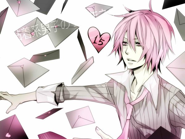 Anime picture 1000x750 with vocaloid vy2 66 (roro) tagme (artist) single highres short hair open mouth simple background smile white background pink hair pink eyes boy shirt heart number (numbers) letter love letter