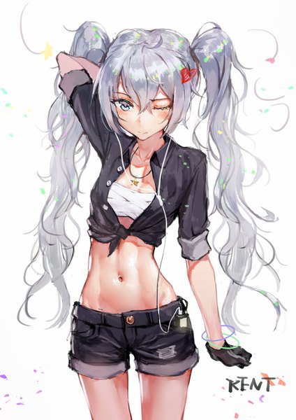 Anime picture 2480x3507 with vocaloid hatsune miku kentllaall single long hair tall image looking at viewer blush fringe highres simple background hair between eyes white background twintails signed silver hair ahoge one eye closed bare belly midriff