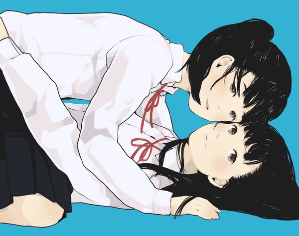 Anime picture 1014x800 with original mosuko long hair looking at viewer blush short hair black hair simple background multiple girls brown eyes ponytail lying light smile hug blue background on all fours girl on top cheek-to-cheek girl uniform