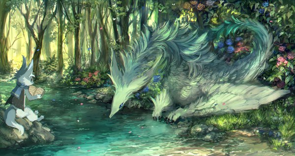 Anime picture 1882x1000 with original pippi (pixiv 1922055) highres wide image sitting leaning leaning forward fantasy river nature reading flower (flowers) plant (plants) tree (trees) scarf rose (roses) book (books) forest dragon furry