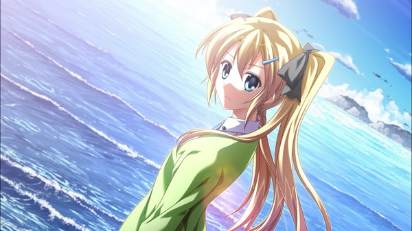 Anime picture 1278x718 with supipara amano angeline hotaru nanao naru long hair blue eyes blonde hair wide image twintails game cg cloud (clouds) girl ribbon (ribbons) hair ribbon