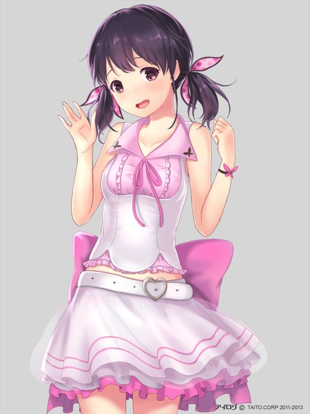 Anime picture 640x853 with ilog akiyama minaki occhan single tall image looking at viewer blush short hair open mouth black hair simple background standing twintails bare shoulders brown eyes grey background short twintails frilly skirt girl bow