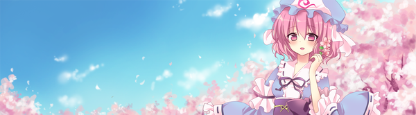 Anime picture 1913x532 with touhou saigyouji yuyuko mayo (miyusa) blush short hair open mouth wide image pink hair cloud (clouds) pink eyes cherry blossoms girl dress petals frills bonnet