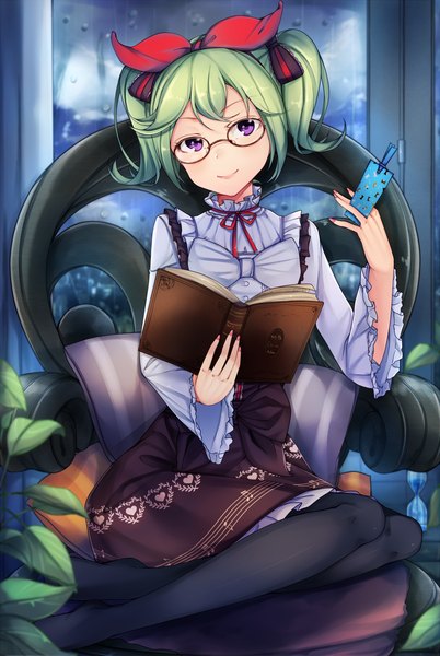Anime picture 1000x1490 with original kalian single tall image looking at viewer short hair smile purple eyes green hair girl dress bow plant (plants) hair bow glasses book (books) armchair