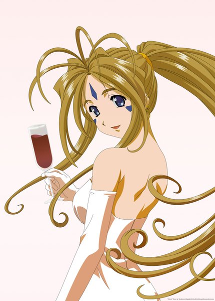 Anime picture 1670x2328 with aa megami-sama anime international company belldandy single long hair tall image blue eyes simple background blonde hair white background bare shoulders ponytail vector girl gloves elbow gloves wine