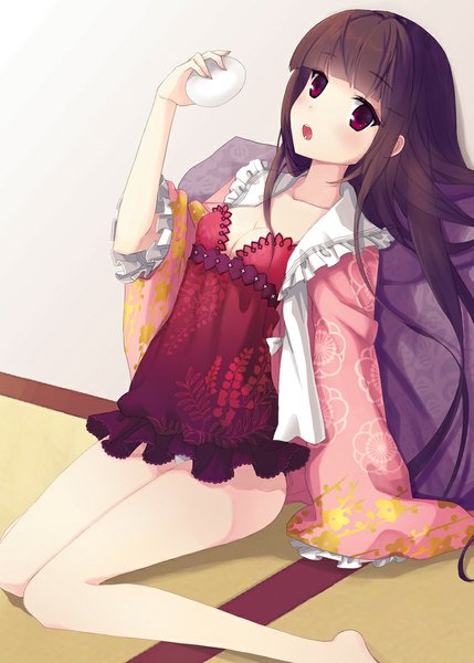 Anime picture 777x1087 with touhou houraisan kaguya juke single long hair tall image looking at viewer blush open mouth light erotic red eyes brown hair bare legs girl dress food