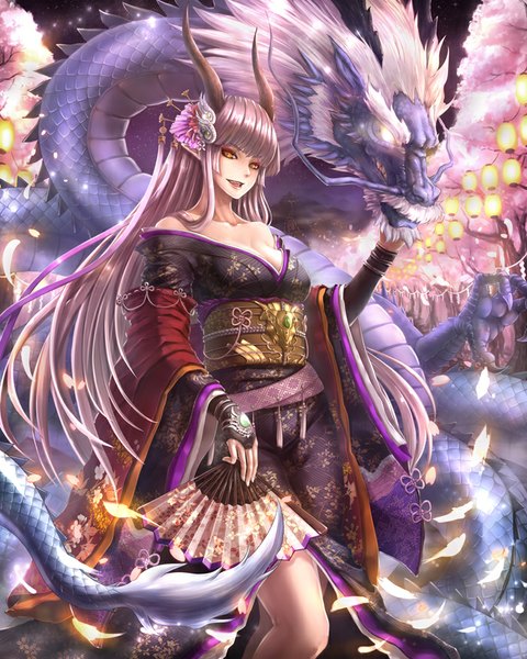 Anime picture 700x875 with ant (fenixant) long hair tall image looking at viewer fringe breasts open mouth standing bare shoulders holding yellow eyes pink hair traditional clothes japanese clothes horn (horns) cherry blossoms floral print fantasy girl hair ornament