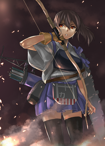 Anime picture 926x1288 with kantai collection kaga aircraft carrier tadano magu single tall image looking at viewer fringe short hair hair between eyes brown hair standing holding brown eyes traditional clothes parted lips japanese clothes pleated skirt wide sleeves teeth zettai ryouiki