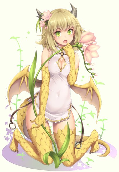 Anime picture 892x1294 with original sasaame single tall image looking at viewer blush short hair open mouth light erotic blonde hair green eyes tail horn (horns) girl dress flower (flowers) petals wings