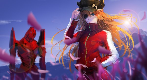 Anime picture 1435x782 with neon genesis evangelion gainax shikinami asuka langley eva 02 g q single long hair fringe blue eyes wide image looking away sky cloud (clouds) outdoors lips orange hair mountain hand in pocket girl petals