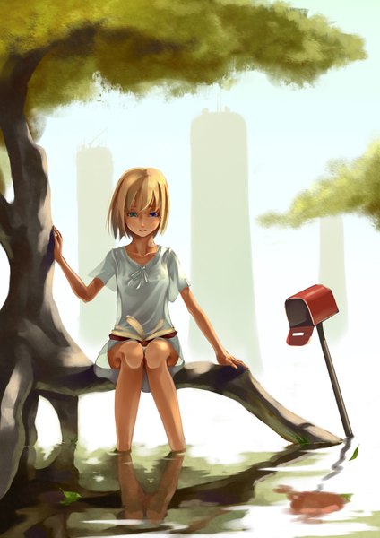 Anime picture 2480x3507 with original foge single tall image highres short hair blonde hair sitting heterochromia girl plant (plants) tree (trees) water mailbox