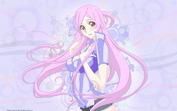 Anime picture 1920x1200 with dragonaut: the resonance gonzo toa single long hair looking at viewer blush highres breasts red eyes wide image signed pink hair cleavage pink eyes wallpaper hand on chest third-party edit partially open clothes girl