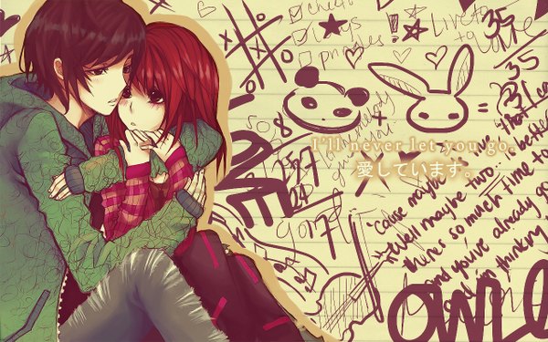 Anime picture 1280x800 with original f-ayn-t blush fringe short hair open mouth black hair red eyes brown hair sitting brown eyes payot looking away bent knee (knees) red hair long sleeves parted lips black eyes inscription open jacket