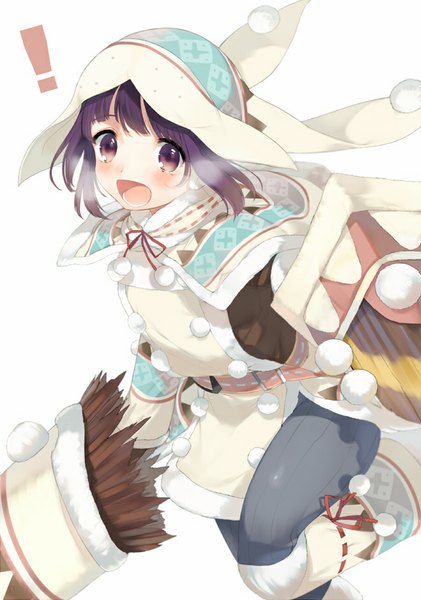 Anime picture 659x938 with monster hunter monster hunter portable 3rd monster hunter (character) lagombi (armor) kippu single tall image looking at viewer blush fringe short hair open mouth simple background white background purple eyes purple hair bent knee (knees) exhalation ! girl