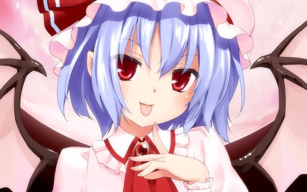 Anime picture 1920x1200 with touhou remilia scarlet kani biimu highres short hair red eyes wide image blue hair :p bat wings girl hat wings tongue