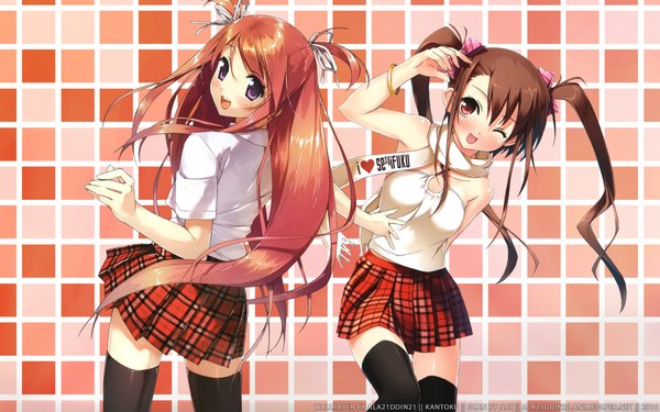 Anime picture 1920x1200 with original kurumi (kantoku) kantoku ala21ddin21 long hair looking at viewer fringe highres open mouth smile red eyes brown hair wide image twintails purple eyes multiple girls signed pleated skirt one eye closed looking back