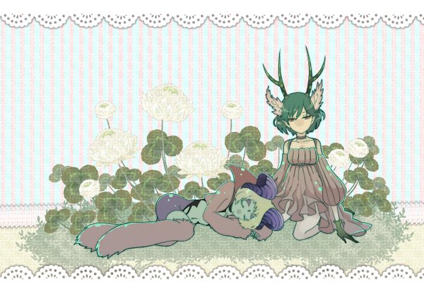 Anime picture 1444x1000 with c: the money of soul and possibility control q (control) short hair blonde hair red eyes bare shoulders lying eyes closed horn (horns) green hair pointy ears sleeping girl dress