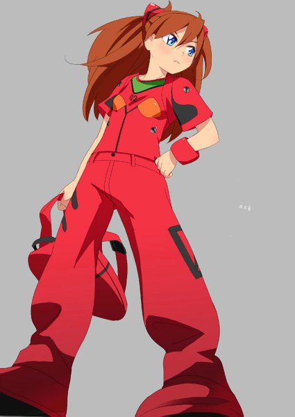 Anime picture 1075x1519 with neon genesis evangelion gainax soryu asuka langley mebae single long hair tall image blue eyes simple background red hair grey background hand on hip casual girl bracelet bag