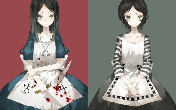 Anime picture 1300x812 with american mcgee's alice (game) alice: madness returns alice (american mcgee's) yuuya (pixiv1797060) long hair looking at viewer short hair black hair wide image green eyes striped multiview red background dual persona green background girl dress pendant blood