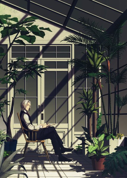 Anime picture 1980x2776 with original shiobana single tall image highres short hair red eyes sitting holding white hair indoors head tilt profile shadow crossed legs reading boy plant (plants) shirt tree (trees)