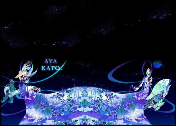Anime picture 1400x1000 with original aya kato inscription blue background space surreal flower (flowers) plant (plants) wings star (stars) planet horse