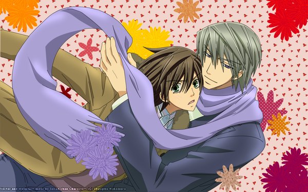 Anime picture 2086x1304 with junjou romantica studio deen usami akihiko takahashi misaki nakamura shungiku highres short hair brown hair wide image signed grey hair shounen ai shared scarf boy scarf