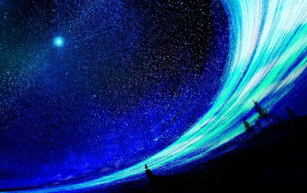 Anime picture 1502x944 with original kazaana single long hair standing sky wind night night sky abstract milky way girl plant (plants) tree (trees) moon star (stars) full moon