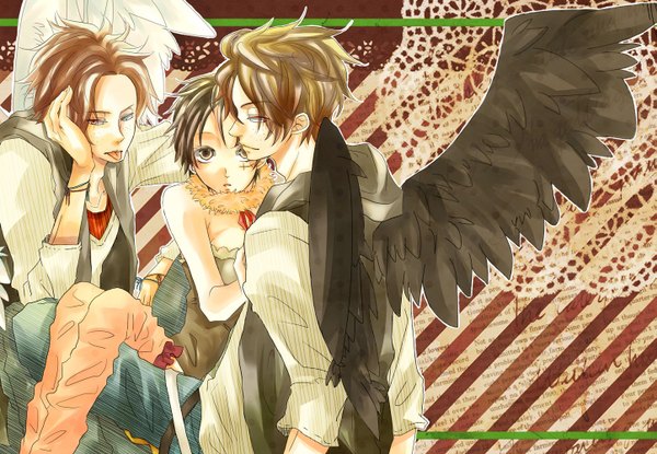 Anime picture 1445x1000 with one piece toei animation monkey d. luffy portgas d. ace togashi (choco-bakama kitchen) looking at viewer short hair black hair red eyes brown hair bare shoulders brown eyes looking back from behind multiple boys scar angel wings black wings shounen ai freckles