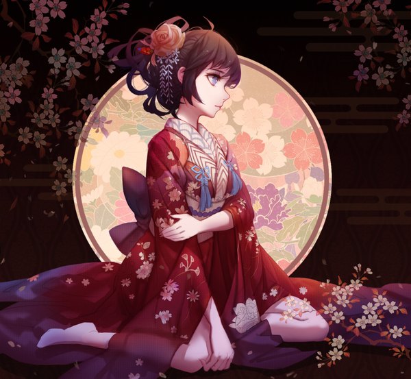 Anime picture 1600x1475 with original mconch single long hair fringe blue eyes brown hair sitting looking away ahoge bent knee (knees) long sleeves traditional clothes japanese clothes profile barefoot hair flower light smile wide sleeves bare legs