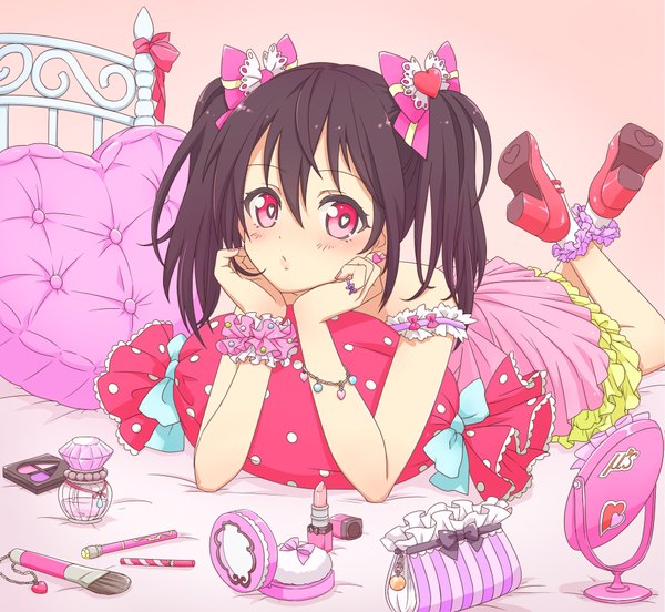 Anime picture 1900x1750 with love live! school idol project sunrise (studio) love live! yazawa nico yutsumoe single looking at viewer blush highres short hair black hair red eyes twintails nail polish symbol-shaped pupils short twintails heart-shaped pupils girl dress bow