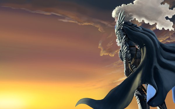 Anime picture 1680x1050 with berserk griffith single long hair blonde hair wide image standing sky cloud (clouds) white hair evening sunset boy armor cloak