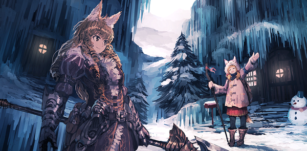 Anime picture 2100x1034 with original jean popo long hair highres open mouth blue eyes blonde hair smile wide image standing multiple girls animal ears tail eyes closed animal tail pleated skirt fox ears drill hair fox tail light