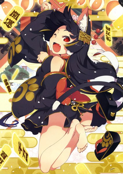 Anime picture 2344x3300 with original eshi 100-nin ten sumaki shungo single long hair tall image blush highres open mouth light erotic black hair red eyes bare shoulders animal ears tail traditional clothes japanese clothes animal tail one eye closed barefoot